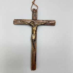Vintage Brown Wood Brass Tone Crucifix Wall Hanging